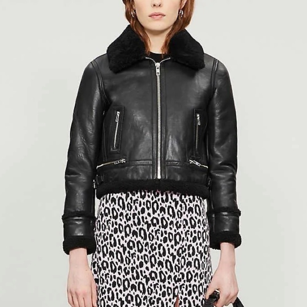 Maje Leather Shearling Jacket - Picture 2 of 8